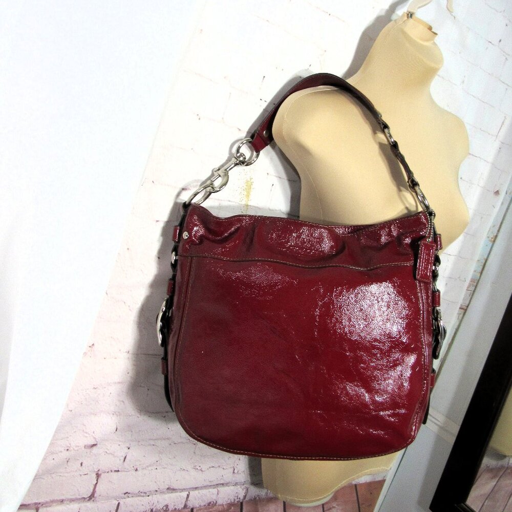 COACH ZOE EDITORIAL BAG XL  12 x 14 x 4 Burgundy Red Patent Leather Shoulder Bag - Picture 2 of 11
